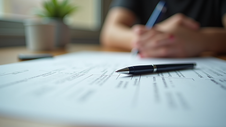 Close-up view of scholarship application forms and a pen on a table